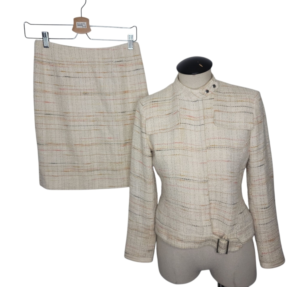 Anne Klein Creme Tweed Boucle Micro Suit  Skirt Set Size 2P